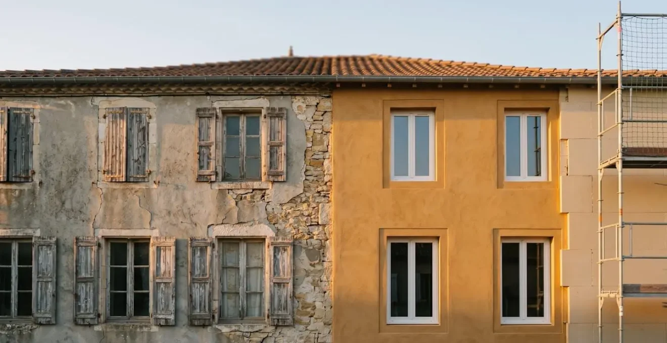 Façade de maison française mi-ancienne mi-rénovée avec échafaudage partiel révélant l'isolation extérieure et l'enduit neuf