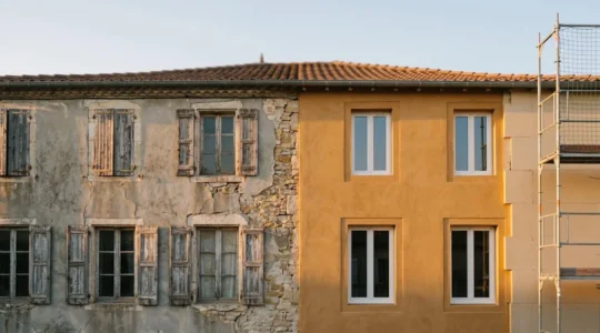 Façade de maison française mi-ancienne mi-rénovée avec échafaudage partiel révélant l'isolation extérieure et l'enduit neuf