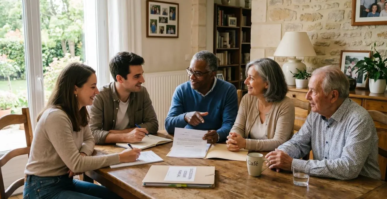 Famille multigénérationnelle réunie autour d'une table, parents et jeunes adultes discutant documents patrimoniaux dans salle à manger lumineuse
