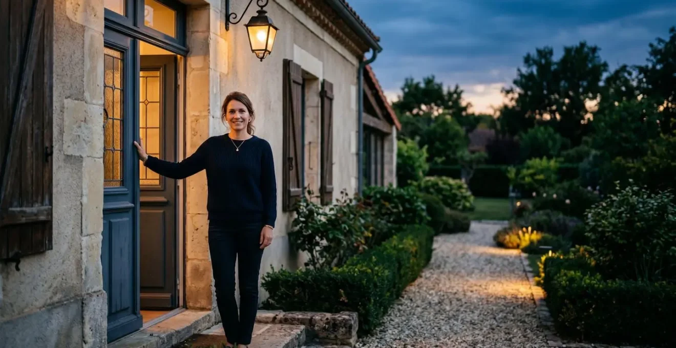 Maison individuelle française sécurisée la nuit, avec éclairage extérieur maîtrisé et sentiment de protection du foyer