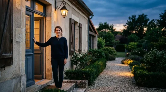 Maison individuelle française sécurisée la nuit, avec éclairage extérieur maîtrisé et sentiment de protection du foyer