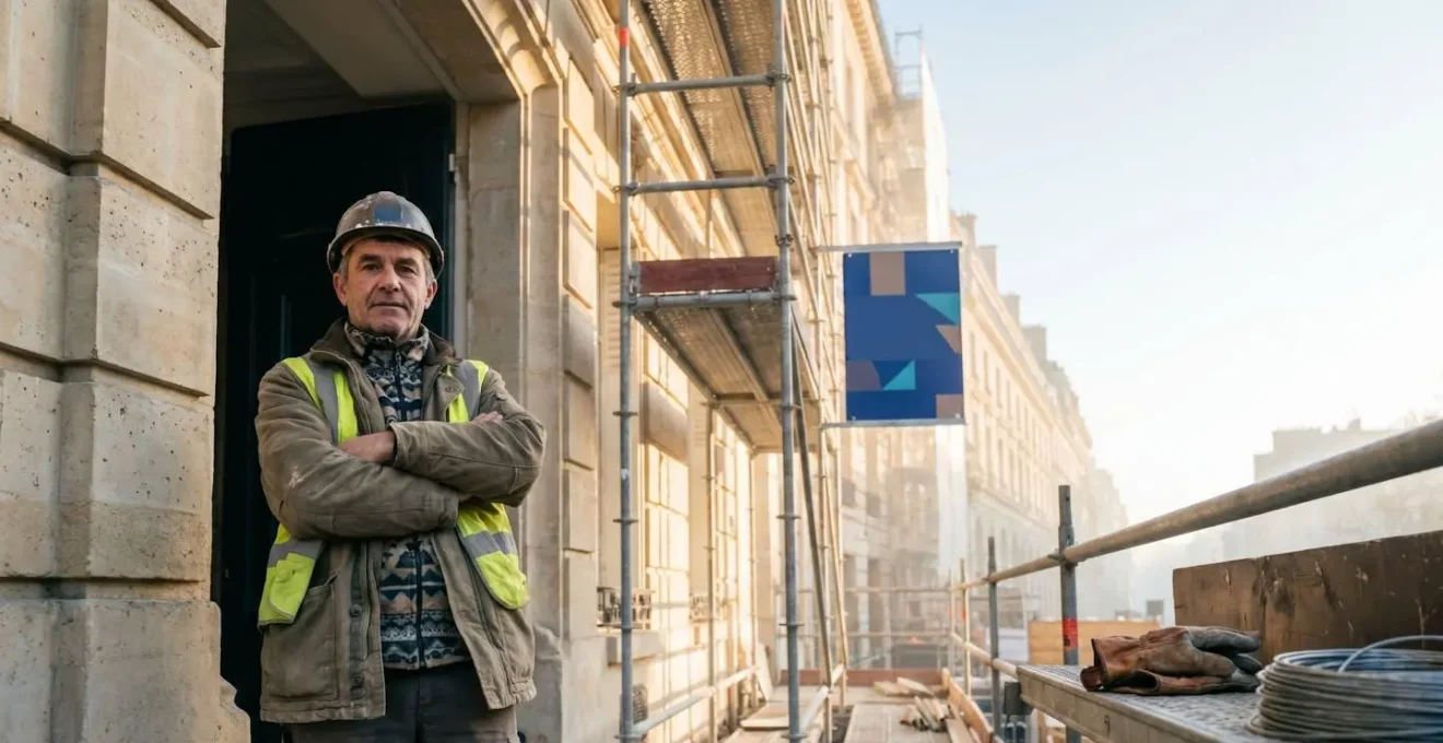 Chef d'entreprise du BTP sur un chantier français, symbolisant la légitimité et la conformité administrative de son activité