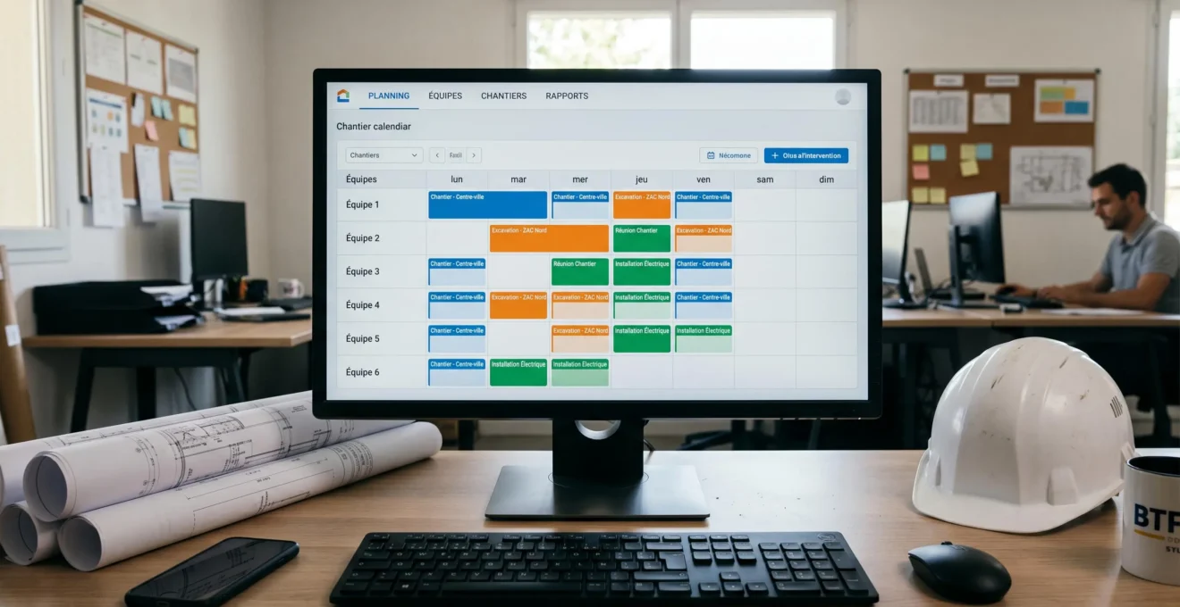 Interface de planification SaaS affichant un calendrier hebdomadaire multi-équipes avec interventions colorées sur écran de bureau professionnel