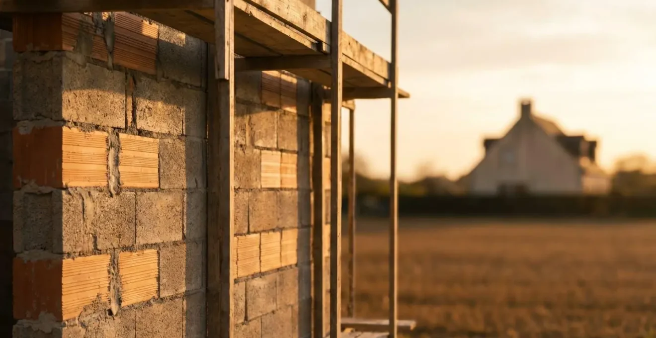 Mur en maçonnerie traditionnelle française en cours de construction, éclairé par une lumière naturelle douce, symbolisant un bâti durable.