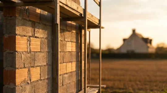 Mur en maçonnerie traditionnelle française en cours de construction, éclairé par une lumière naturelle douce, symbolisant un bâti durable.