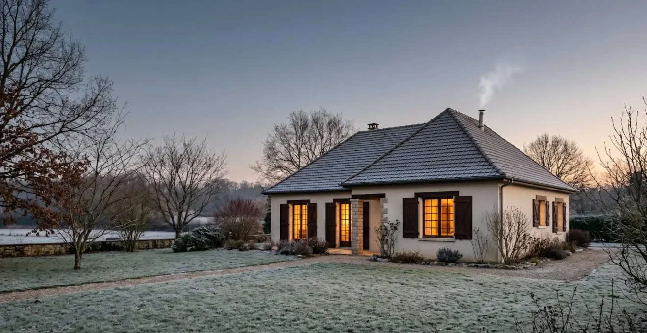 Maison française pavillonnaire chaleureuse et lumineuse en hiver, illustrant un chauffage écoélectrique sans émissions de CO2
