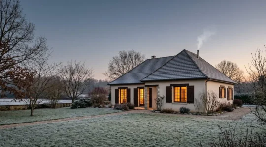 Maison française pavillonnaire chaleureuse et lumineuse en hiver, illustrant un chauffage écoélectrique sans émissions de CO2