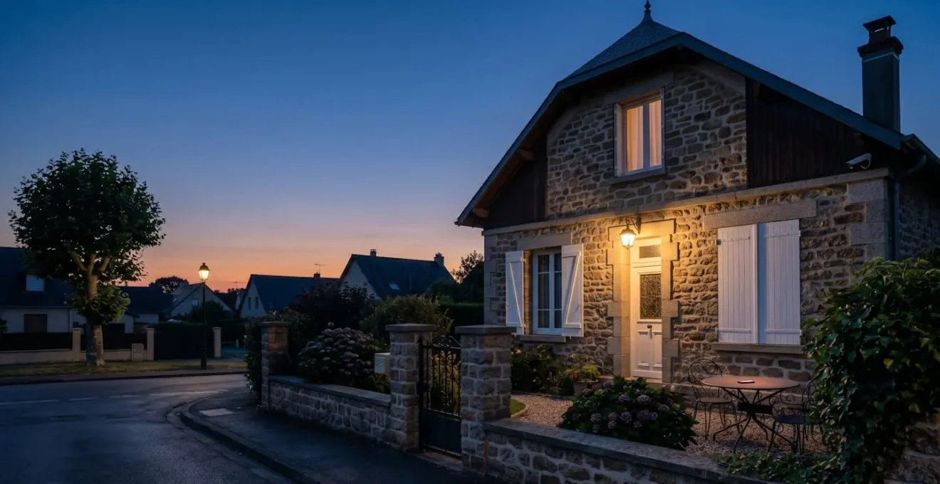 Pavillon français au crépuscule avec éclairage extérieur connecté et lumière discrète évoquant une alerte de sécurité sur smartphone