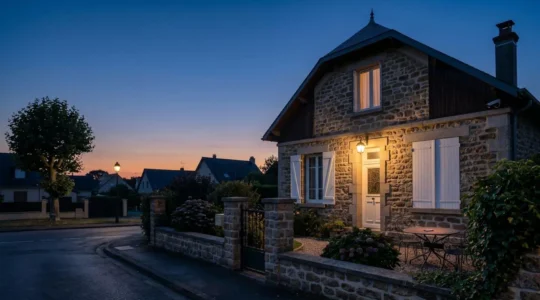 Pavillon français au crépuscule avec éclairage extérieur connecté et lumière discrète évoquant une alerte de sécurité sur smartphone