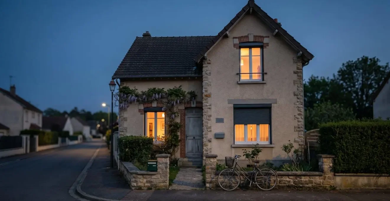 Maison francaise a la tombee de la nuit avec eclairage simule pour dissuader les cambrioleurs pendant les vacances