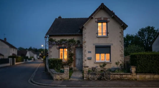 Maison francaise a la tombee de la nuit avec eclairage simule pour dissuader les cambrioleurs pendant les vacances