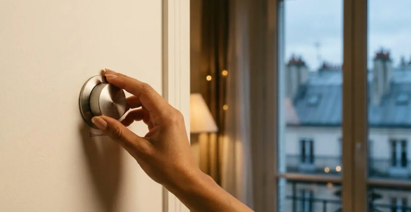 Main ajustant un thermostat mural dans un salon lumineux d'un appartement francais, symbolisant la maitrise du budget energetique annuel