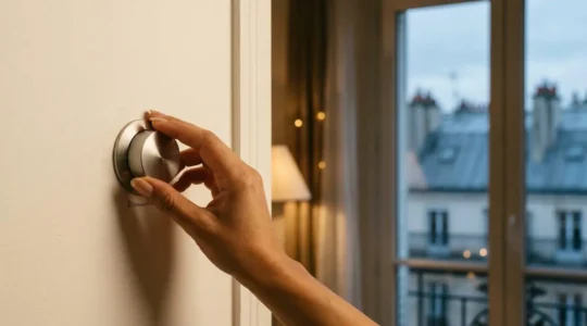 Main ajustant un thermostat mural dans un salon lumineux d'un appartement francais, symbolisant la maitrise du budget energetique annuel