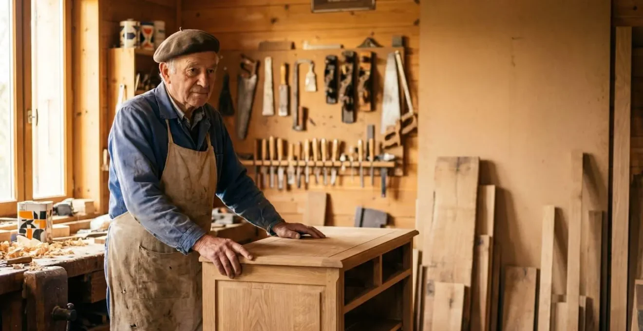 Menuisier artisan francais façonnant une piece de bois massif dans un atelier lumineux