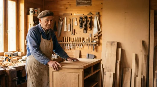 Menuisier artisan francais façonnant une piece de bois massif dans un atelier lumineux