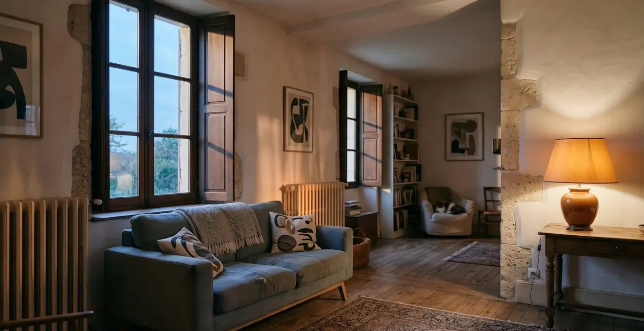 Intérieur chaleureux d'une maison française en fin de journée où chauffage, éclairage et volets semblent s'harmoniser naturellement