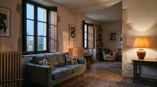Intérieur chaleureux d'une maison française en fin de journée où chauffage, éclairage et volets semblent s'harmoniser naturellement