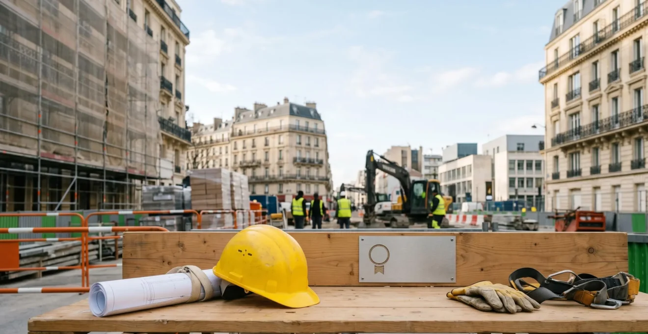 Chantier de travaux publics avec équipements professionnels et documentation administrative dans un environnement urbain français