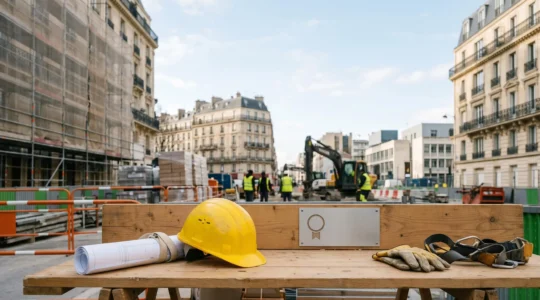 Chantier de travaux publics avec équipements professionnels et documentation administrative dans un environnement urbain français