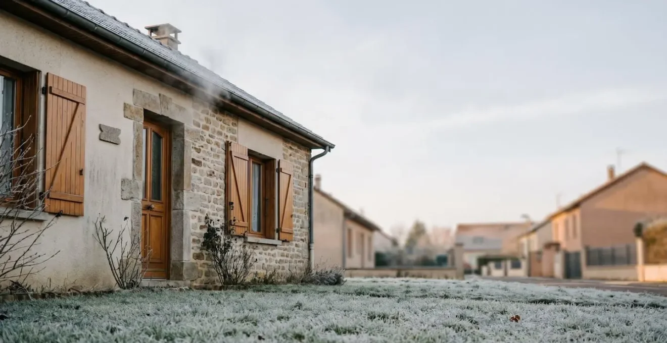Maison individuelle française en hiver avec radiateur et thermostat suggérant des économies de chauffage