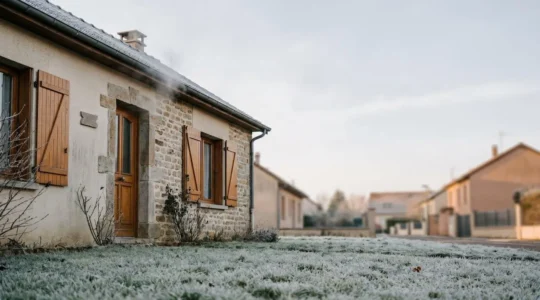 Maison individuelle française en hiver avec radiateur et thermostat suggérant des économies de chauffage