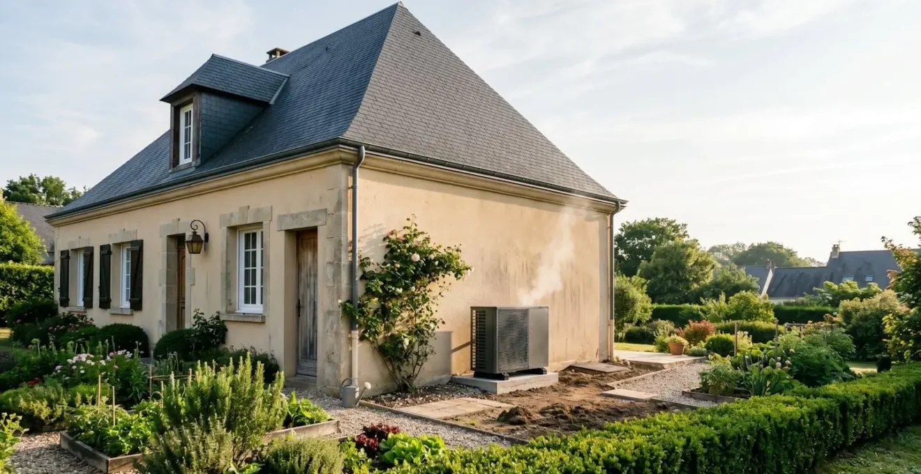 Maison française en cours de transition du chauffage au fioul vers une pompe à chaleur