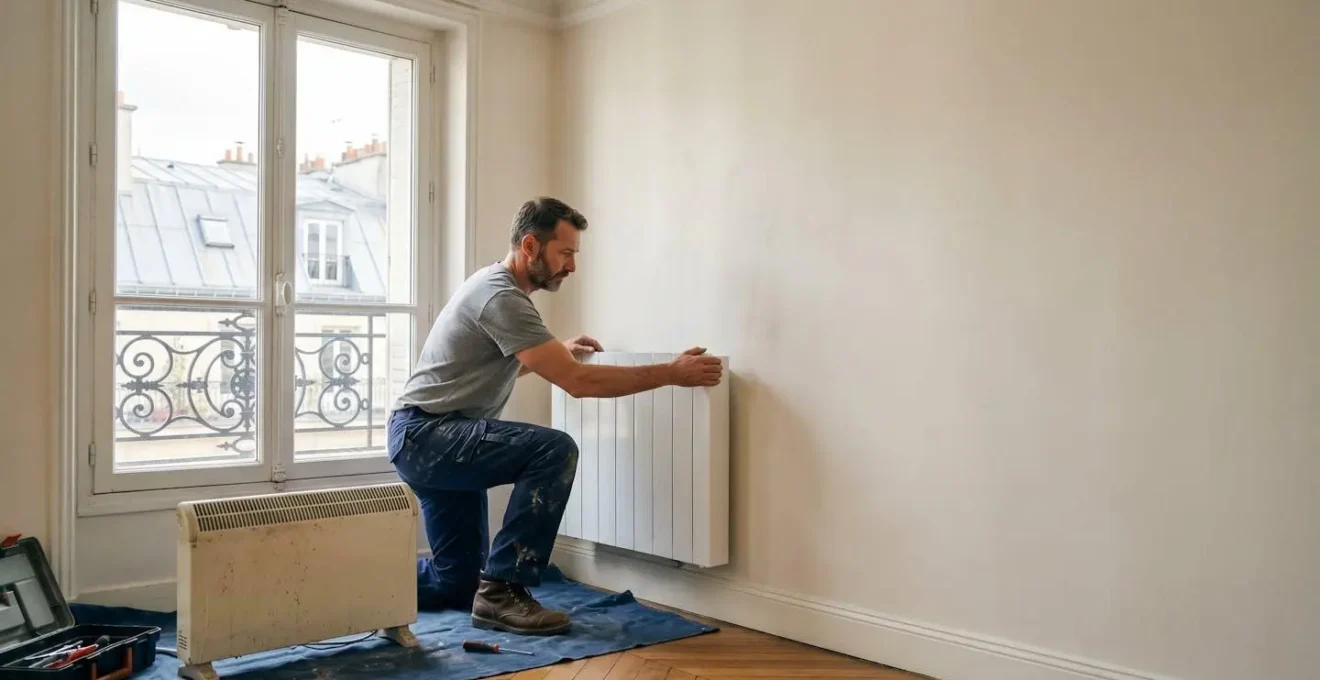 Artisan remplaçant un ancien convecteur électrique par un radiateur à inertie moderne dans un salon français