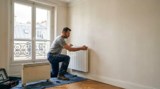 Artisan remplaçant un ancien convecteur électrique par un radiateur à inertie moderne dans un salon français