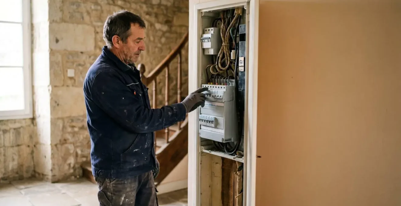Electricien professionnel intervenant sur un tableau electrique renove dans une maison francaise ancienne, sans tout refaire a neuf