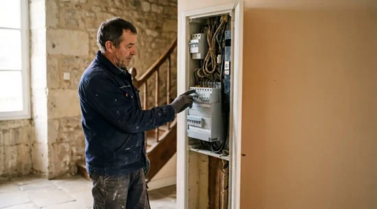 Electricien professionnel intervenant sur un tableau electrique renove dans une maison francaise ancienne, sans tout refaire a neuf