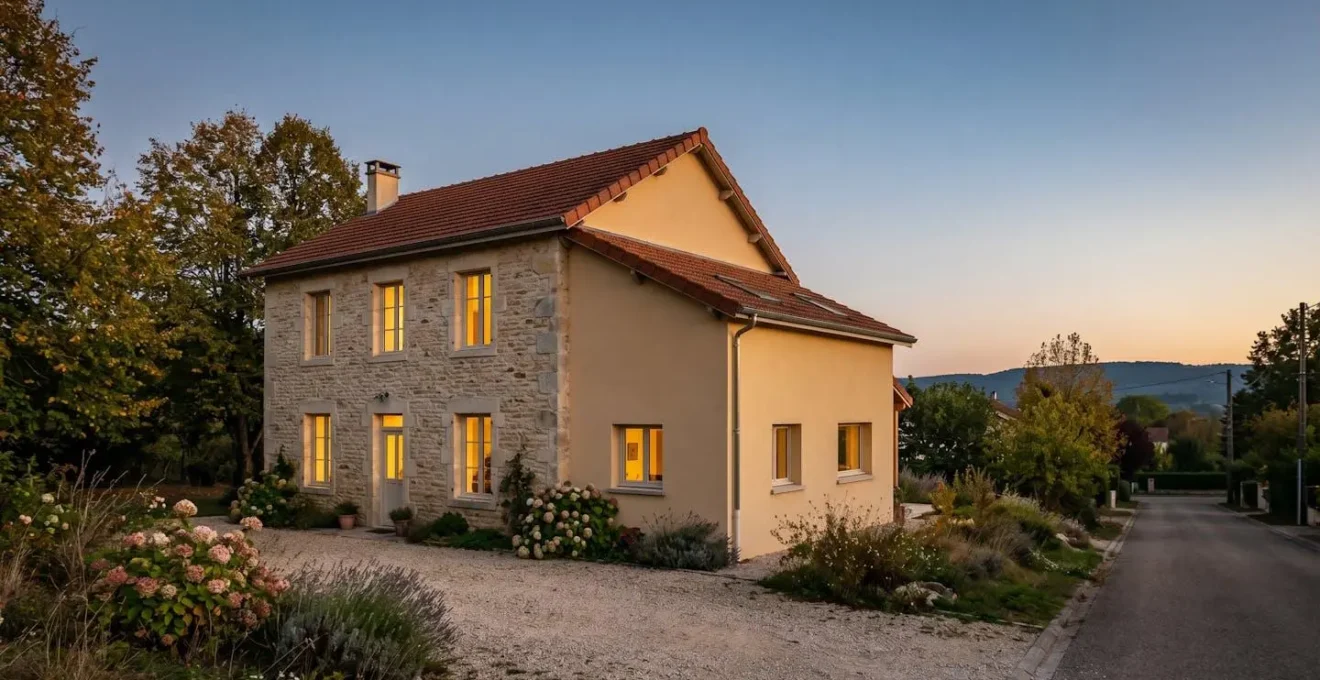 Maison française typique au crépuscule illustrant une rénovation énergétique complète pour réduire la facture de chauffage