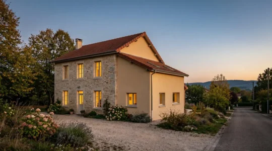 Maison française typique au crépuscule illustrant une rénovation énergétique complète pour réduire la facture de chauffage