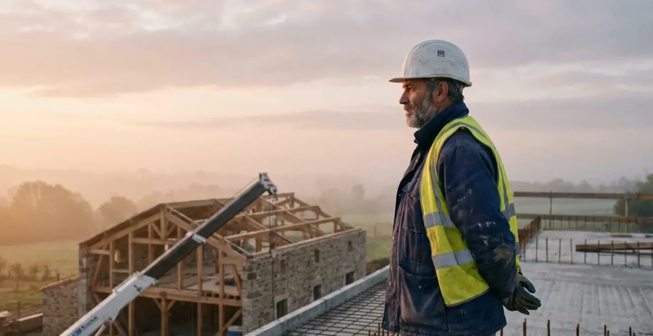 Chef de chantier du BTP en France observant à l'aube une structure en bois et pierre à côté d'une grue, symbole d'une entreprise construite pour traverser les crises
