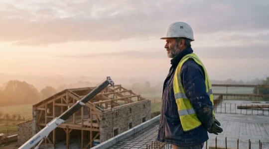 Chef de chantier du BTP en France observant à l'aube une structure en bois et pierre à côté d'une grue, symbole d'une entreprise construite pour traverser les crises