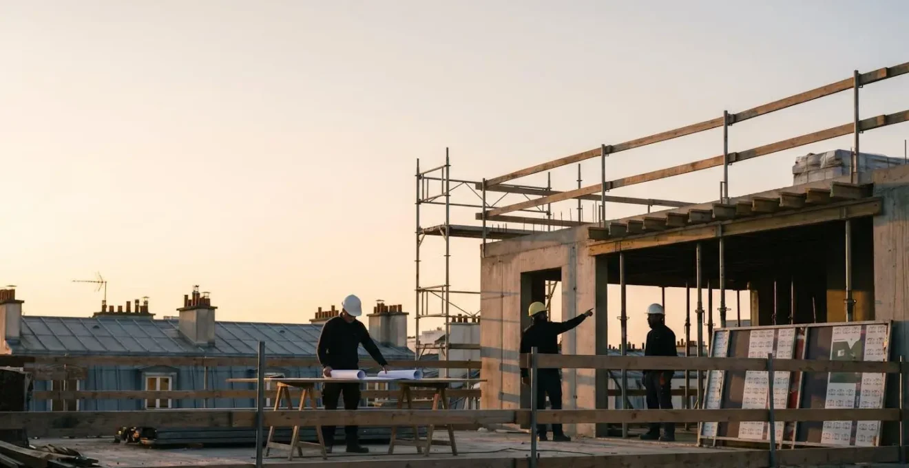 Vue symbolique d'un chantier de construction français au crépuscule illustrant le partage des responsabilités entre les acteurs du BTP