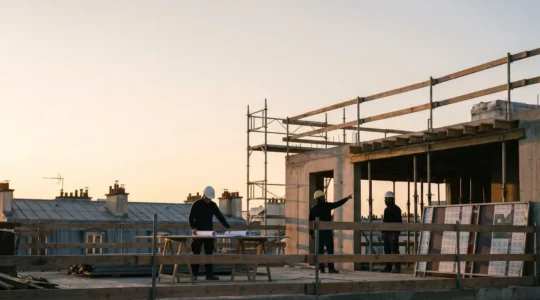 Vue symbolique d'un chantier de construction français au crépuscule illustrant le partage des responsabilités entre les acteurs du BTP