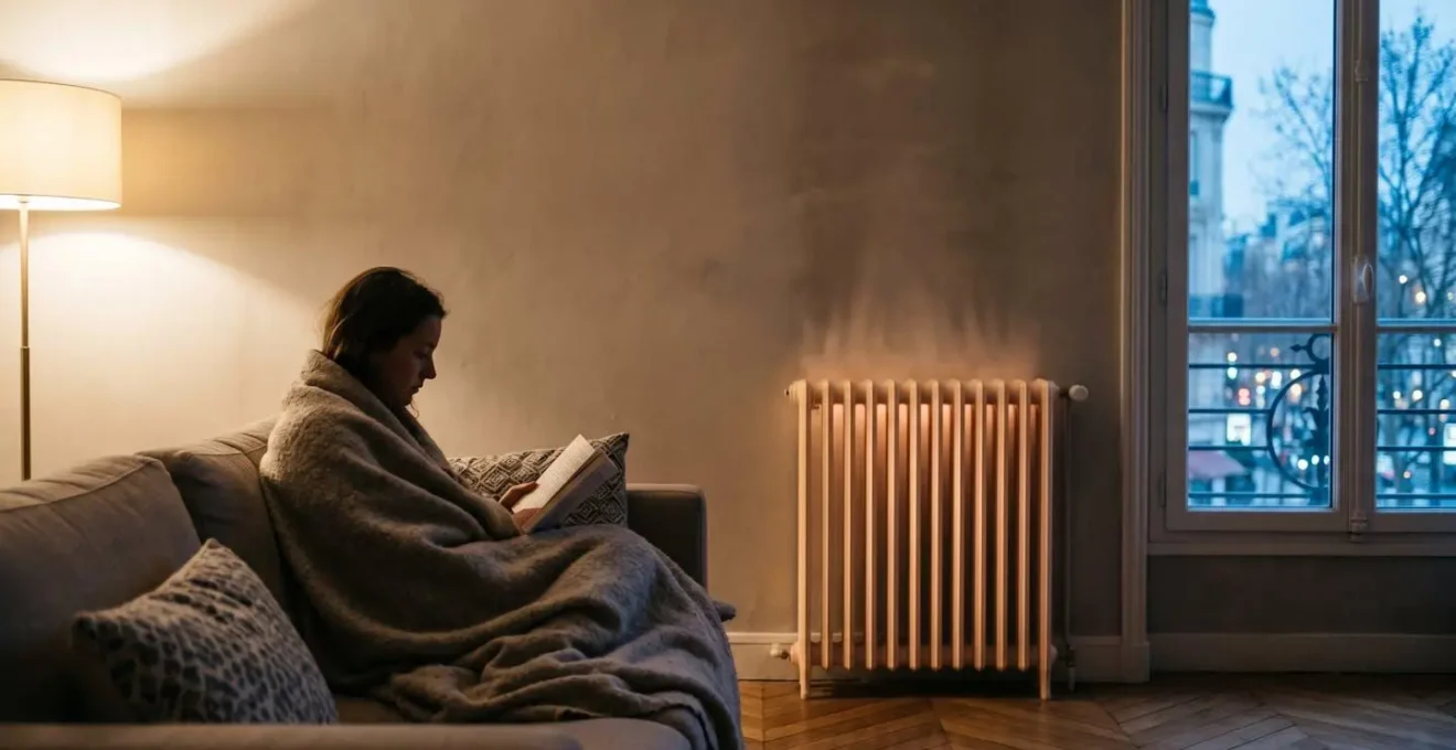 Salon français chaleureux éclairé en soirée par la diffusion douce d'un radiateur à inertie