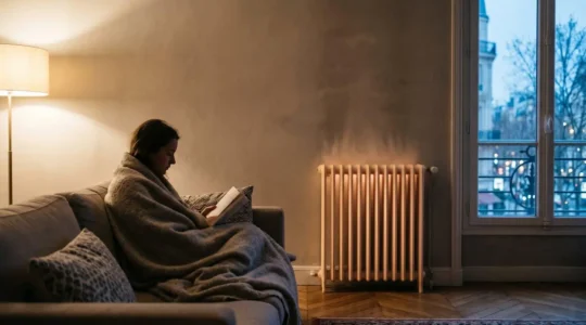 Salon français chaleureux éclairé en soirée par la diffusion douce d'un radiateur à inertie