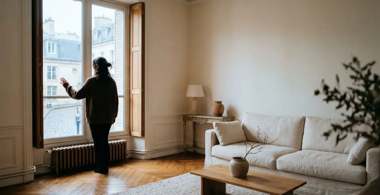 Interieur d'un appartement francais lumineux avec un radiateur et une fenetre, illustrant le confort thermique du logement
