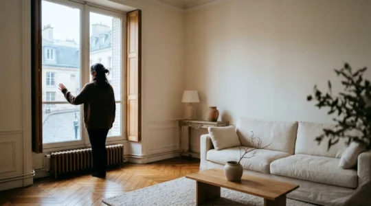 Interieur d'un appartement francais lumineux avec un radiateur et une fenetre, illustrant le confort thermique du logement