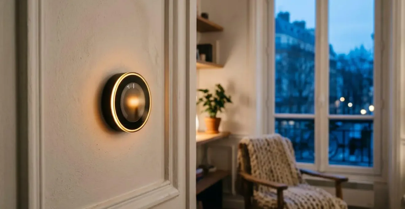 Thermostat connecté mural dans un salon d'appartement francais avec moulures, ambiance chaleureuse en hiver