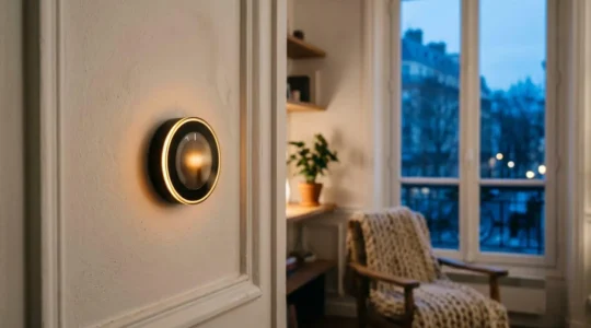 Thermostat connecté mural dans un salon d'appartement francais avec moulures, ambiance chaleureuse en hiver
